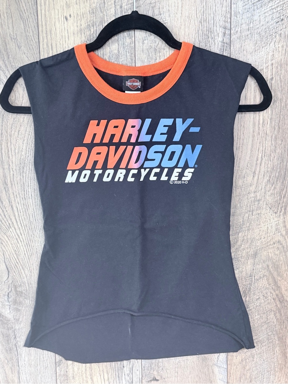 Harley-Davidson Black Tank Top with Orange Neck Trim and Multicolor Logo